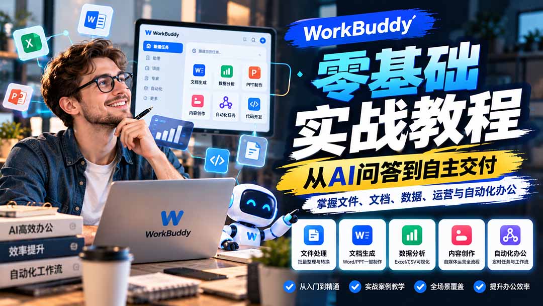 WorkBuddy零基础实战教程：从AI问答到自主交付，掌握文件、文档、数据、运营与自动化办公-91副业网