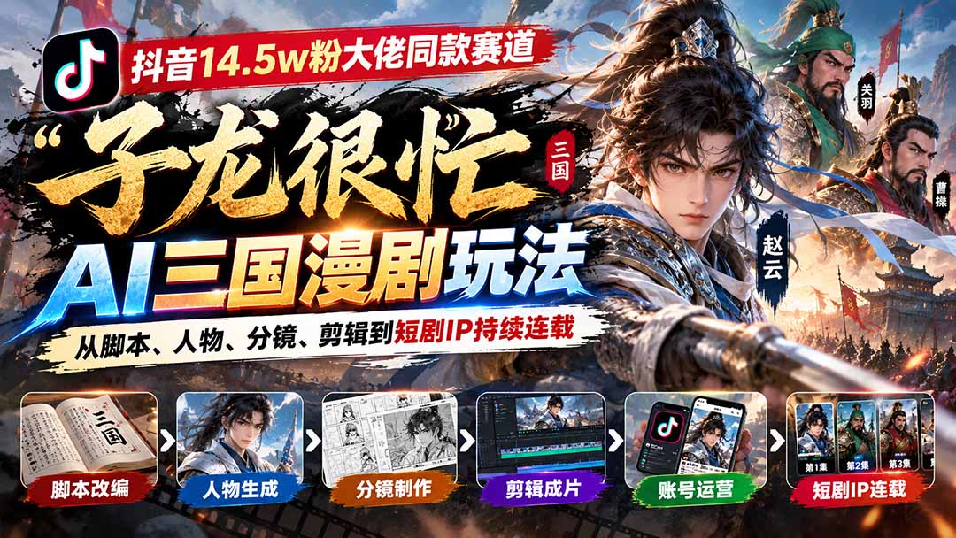 抖音14.5w粉大佬同款赛道「子龙很忙」AI三国漫剧玩法：从脚本、人物、分镜、剪辑到短剧IP持续连载-91副业网