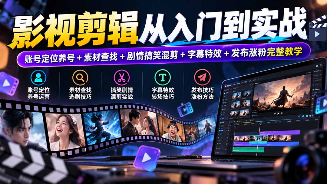 影视剪辑从入门到实战：账号定位养号+素材查找+剧情搞笑混剪+字幕特效+发布涨粉完整教学-91副业网