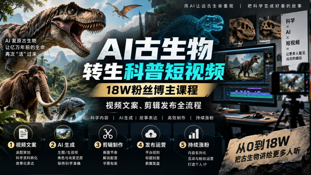 AI古生物转生科普短视频，18W粉丝博主课程，视频文案、剪辑发布全流程-91副业网