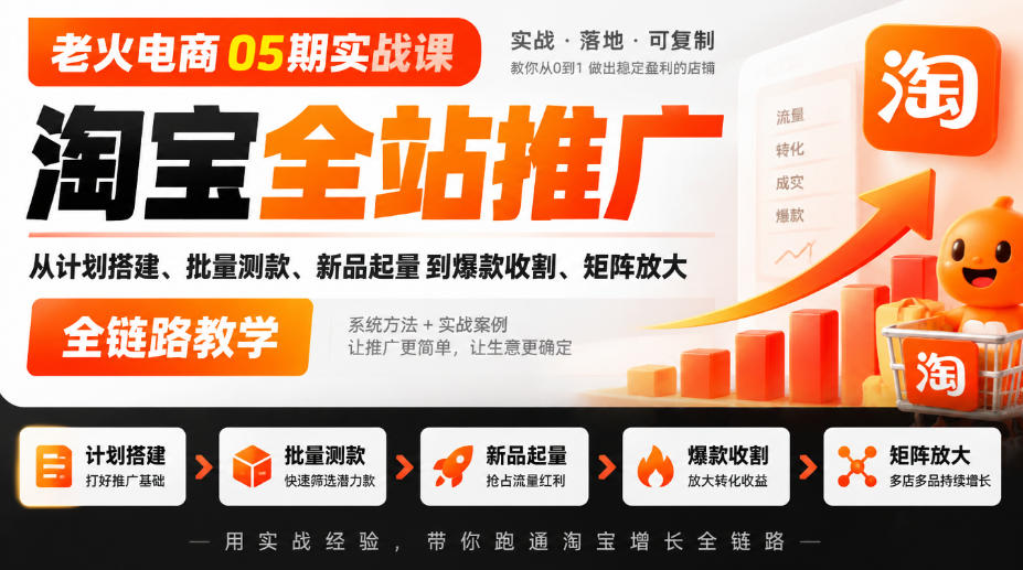 老火电商05期实战课｜淘宝全站推广从计划搭建、批量测款、新品起量到爆款收割、矩阵放大全链路教学-91副业网