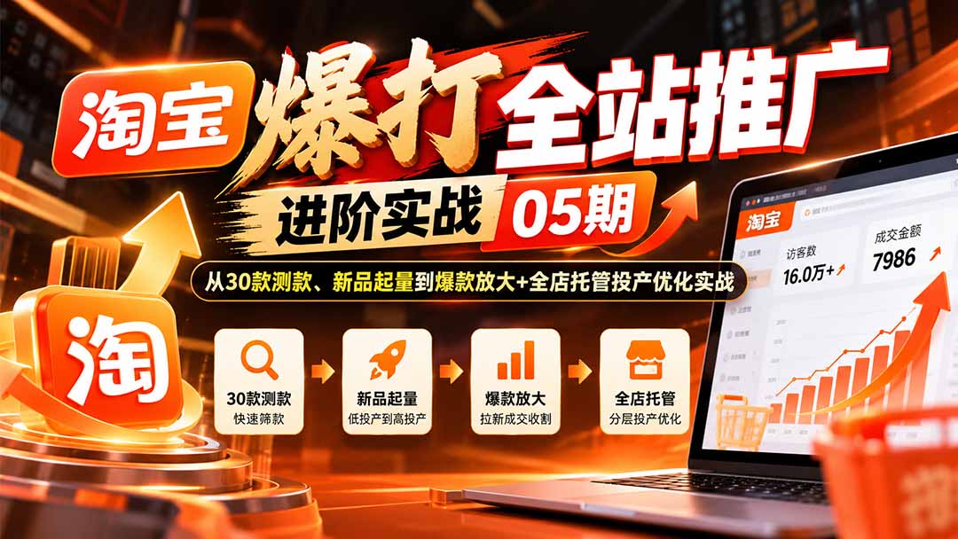 淘宝爆打全站推广进阶实战05期：从30款测款、新品起量到爆款放大+全店托管投产优化实战-91副业网