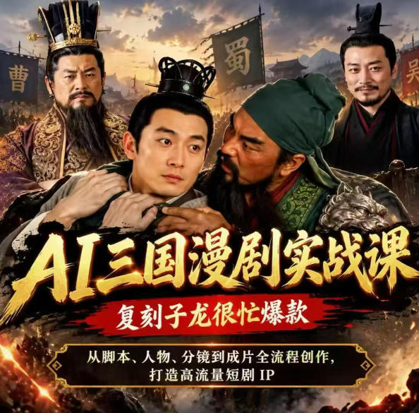 抖音14W粉博主同款AI三国漫剧实战课，复刻子龙很忙爆款，从脚本、人物、分镜到成片全流程创作，打造高流量短剧IP-91副业网