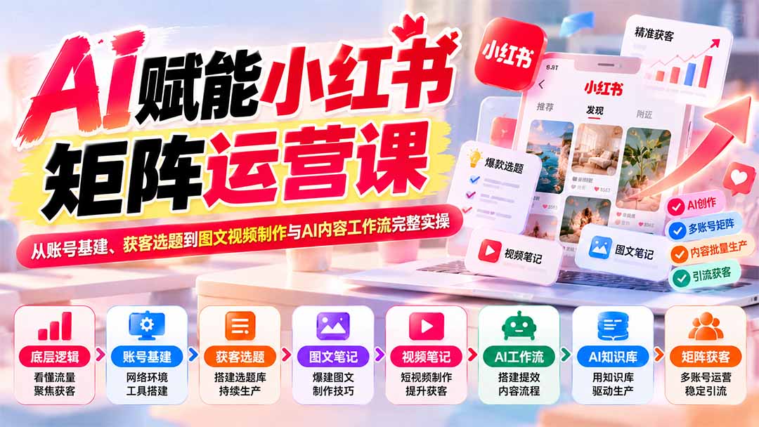 AI赋能小红书矩阵运营课：从账号基建、获客选题到图文视频制作与AI内容工作流完整实操-91副业网