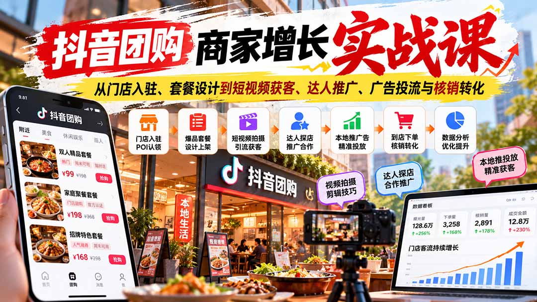 抖音团购商家增长实战课：从门店入驻、套餐设计到短视频获客、达人推广、广告投流与核销转化-91副业网