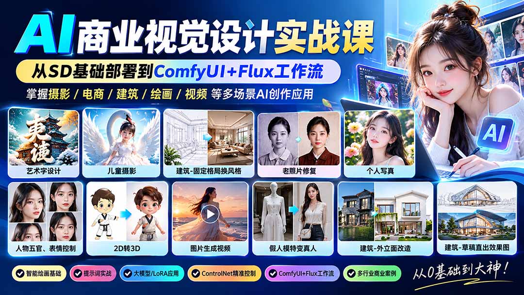 【无水印】AI商业视觉设计实战课：从SD基础部署到ComfyUI+Flux工作流，掌握摄影电商建筑AI创作-91副业网