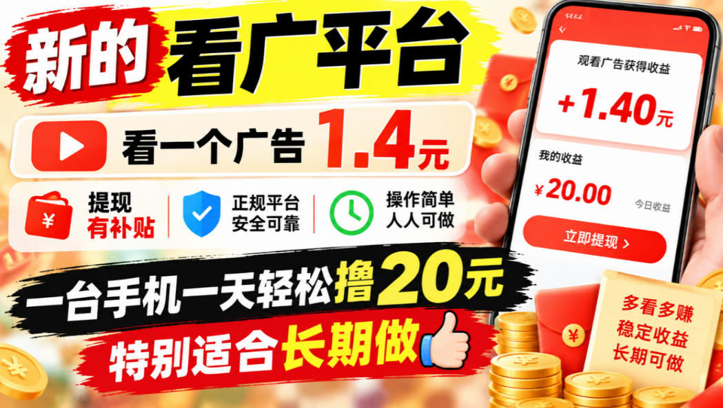 一个新的看广平台，看一个广告1.4元，提现有补贴,一台手机一天轻松撸20+，特别适合长期做【揭秘】-91副业网