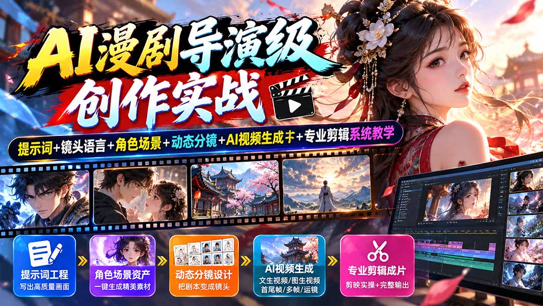AI漫剧导演级创作实战：提示词+镜头语言+角色场景+动态分镜+AI视频生成+专业剪辑系统教学-91副业网