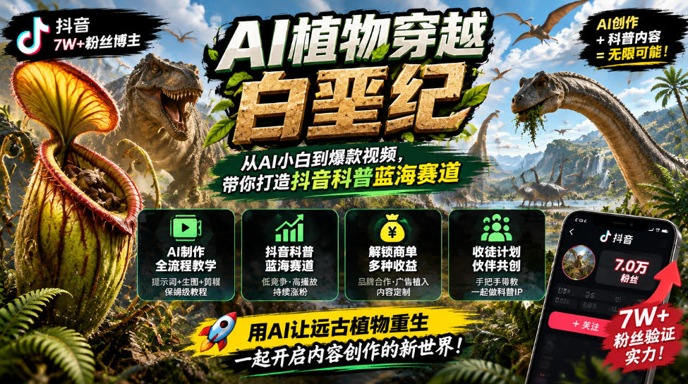 抖音7W粉丝博主的AI植物穿越白垩纪教学，抖音科普蓝海赛道，解锁商单收徒伙伴计划等多种收益-91副业网
