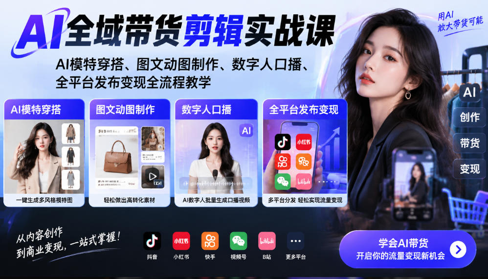 AI全域带货剪辑实战课｜AI模特穿搭、图文动图制作、数字人口播、全平台发布变现全流程教学-91副业网