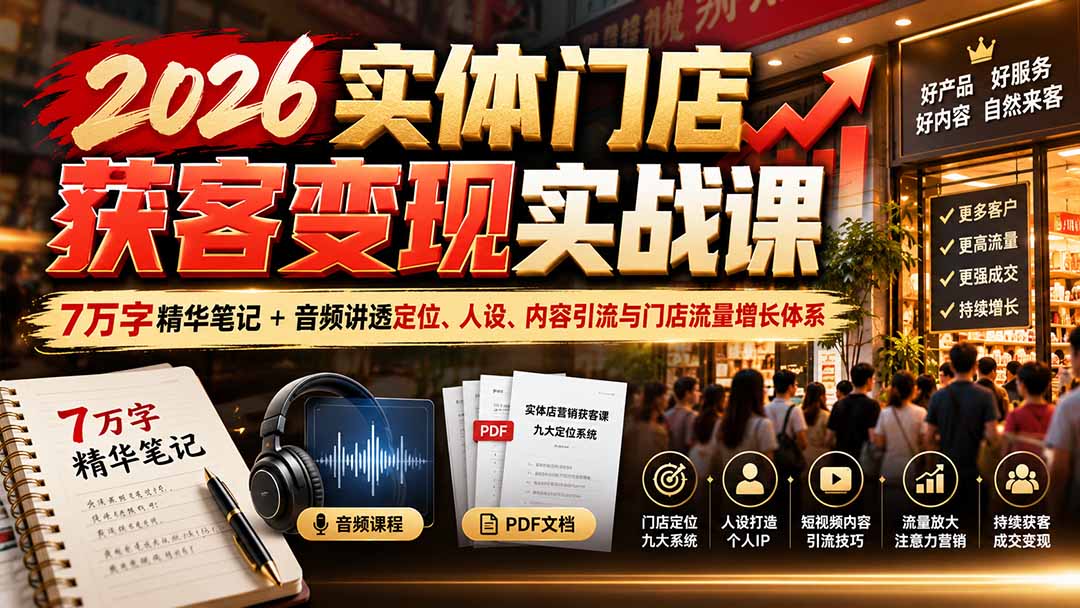2026实体门店获客变现实战课：7万字精华笔记+音频讲透定位、人设、内容引流与门店流量增长体系-91副业网