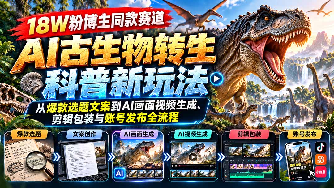 18W粉博主同款赛道-AI古生物转生科普新玩法：从爆款选题文案到AI画面视频生成、剪辑包装与账号发布全流程-91副业网