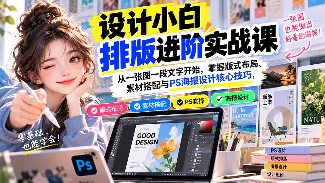 设计小白排版进阶实战课：从一张图一段文字开始，掌握版式布局、素材搭配与PS海报设计核心技巧-91副业网