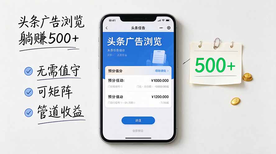 头条广告浏览躺赚500+无需值守,可矩阵并附有管道收益-91副业网