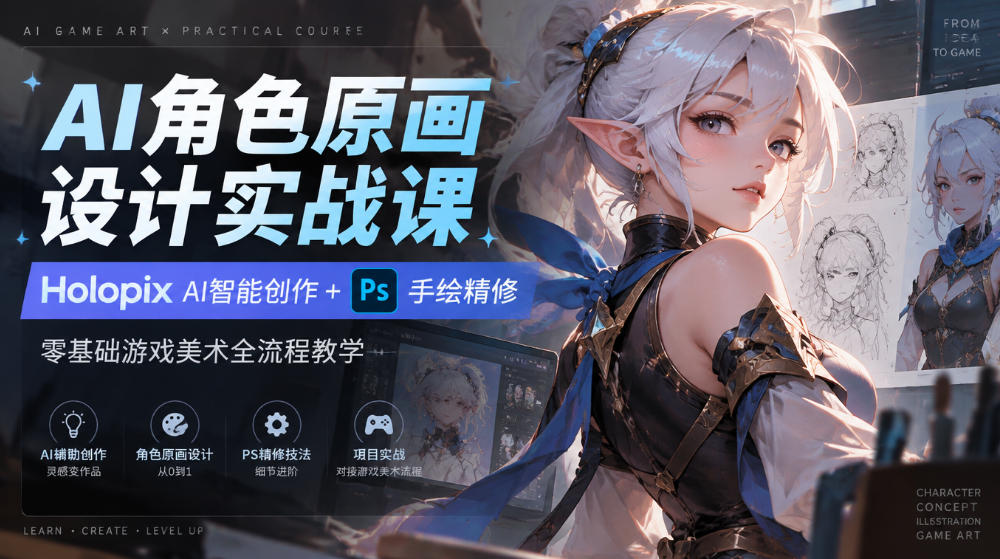 AI角色原画设计实战课｜Holopix AI智能创作+PS手绘精修，零基础游戏美术全流程教学-91副业网