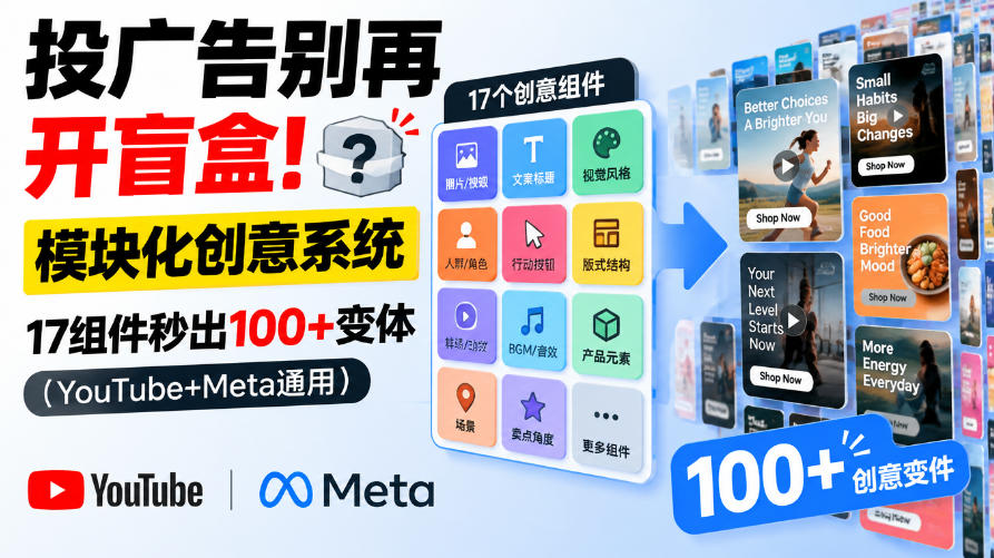 投广告别再开盲盒！模块化创意系统，17组件秒出100+变体(YouTube+Meta通用)【原创双语字幕】-91副业网