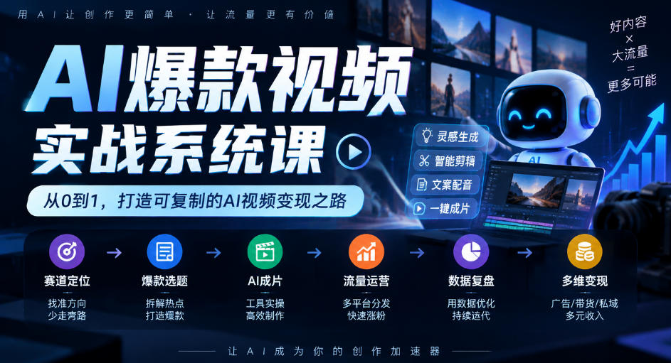 AI爆款视频实战系统课|赛道定位、爆款选题、AI成片、流量运营、数据复盘、多维变现全链路教学-91副业网