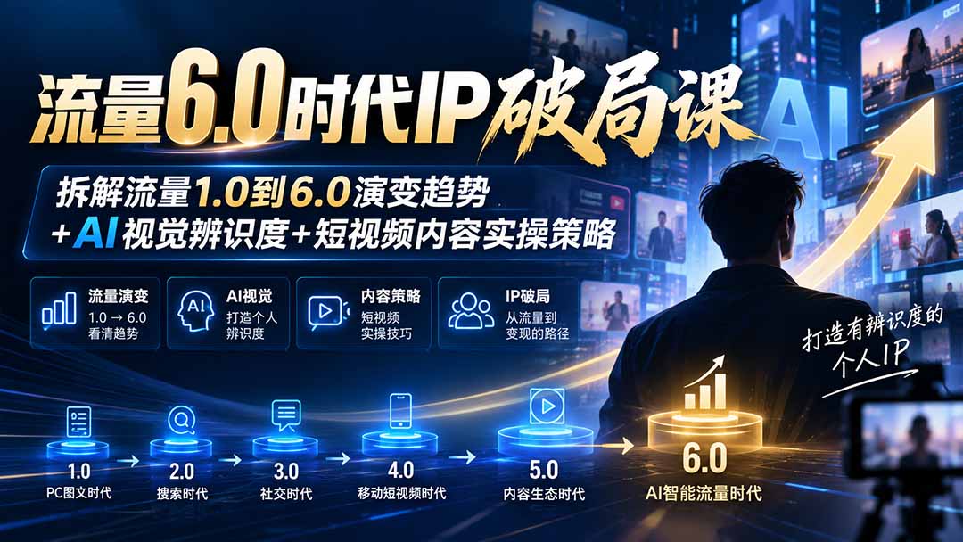 流量6.0时代IP破局课:拆解流量1.0到6.0演变趋势+AI视觉辨识度+短视频内容实操策略-91副业网