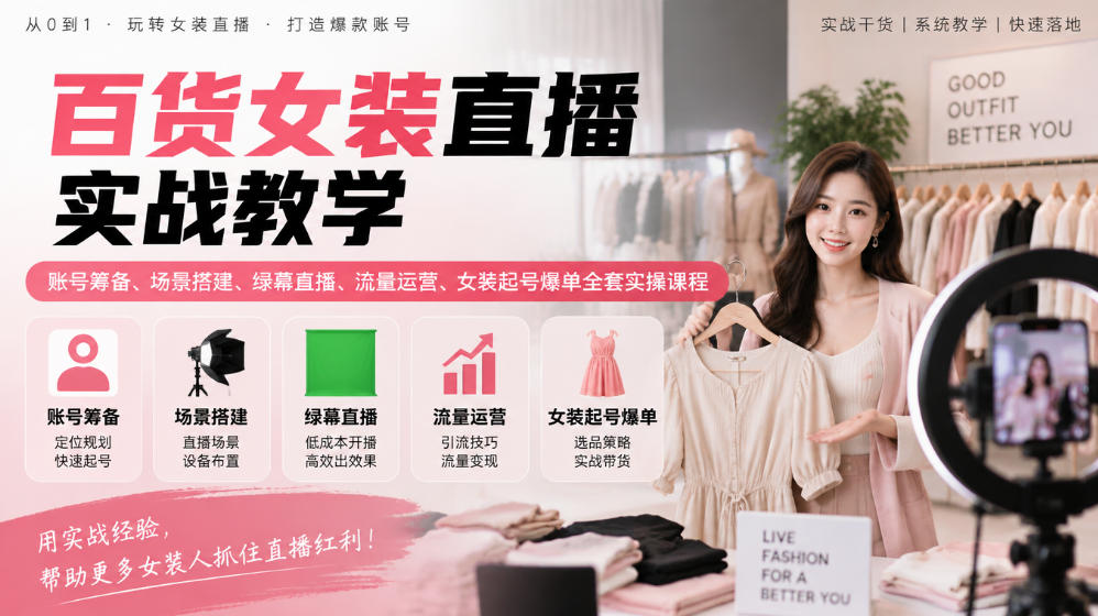 百货女装直播实战教学｜账号筹备、场景搭建、绿幕直播、流量运营、女装起号爆单全套实操课程-91副业网