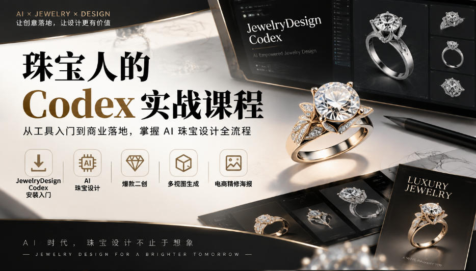 珠宝人的Codex实战课程｜JewelryDesign Codex安装入门、AI珠宝设计、爆款二创、多视图生成、电商精修海报全链路教学-91副业网