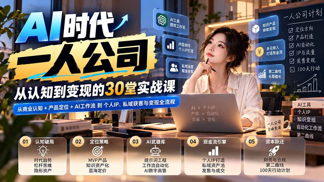 【无水印】AI时代一人公司30堂实战课：从商业认知+产品定位+AI工作流到个人IP、私域获客与变现全流程-91副业网