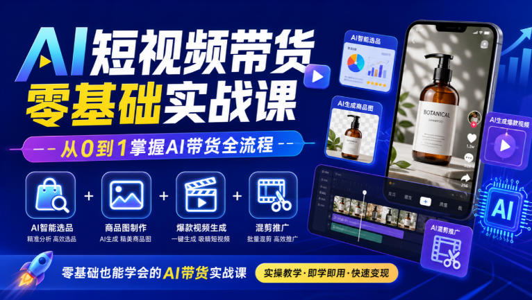 AI短视频带货零基础实战课｜AI智能选品+商品图制作+爆款视频生成+混剪推广，从0到1掌握AI带货全流程-91副业网