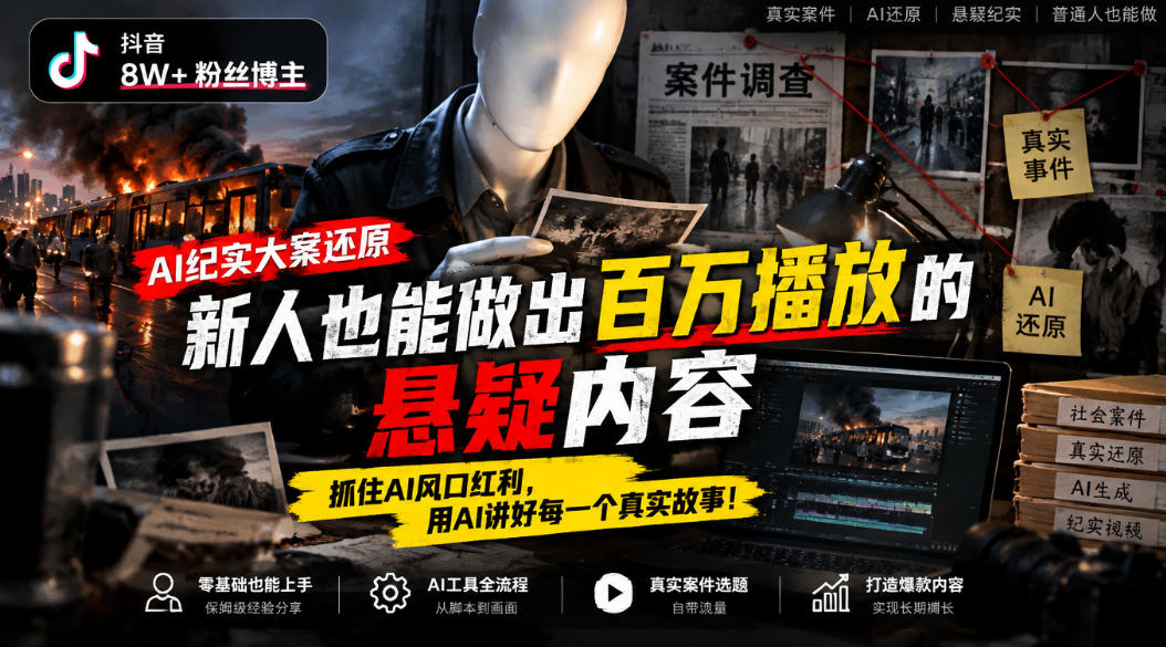抖音8W粉丝博主的AI纪实大案还原教学，新人也能做出百W播放的悬疑内容，抓住AI风口红利，用AI讲好每一个真实故事-91副业网