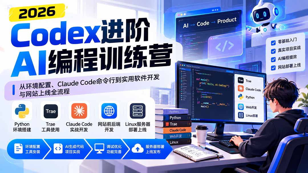 Codex进阶AI编程训练营：从环境配置、Claude Code命令行到实用软件开发与网站上线全流程-91副业网