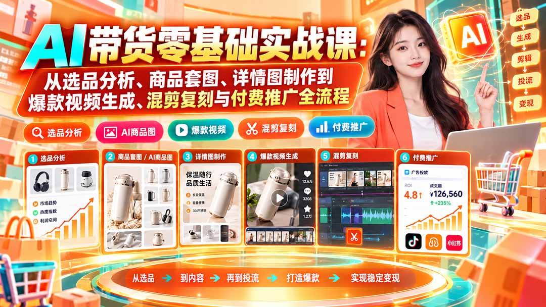 AI带货零基础实战课：从选品分析、商品套图、详情图制作到爆款视频生成、混剪复刻与付费推广全流程-91副业网