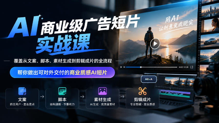 AI商业级广告短片实战课，覆盖从文案、脚本、素材生成到剪辑成片的全流程，帮你做出可对外交付的商业质感AI短片-91副业网