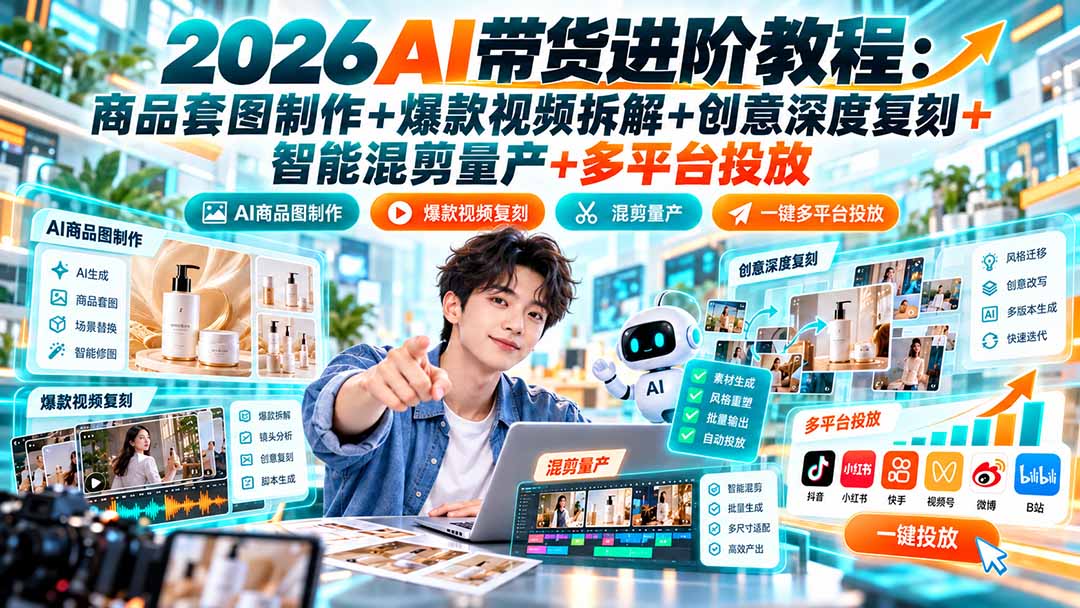 2026AI带货进阶教程：商品套图制作+爆款视频拆解+创意深度复刻+智能混剪量产+多平台投放-91副业网