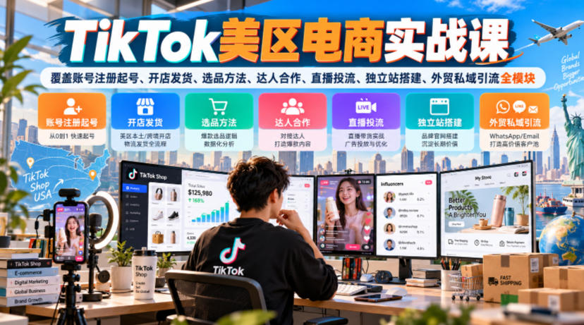 TikTok美区电商实战课，覆盖账号注册起号、开店发货、选品方法、达人合作、直播投流、独立站搭建、外贸私域引流全模块-91副业网