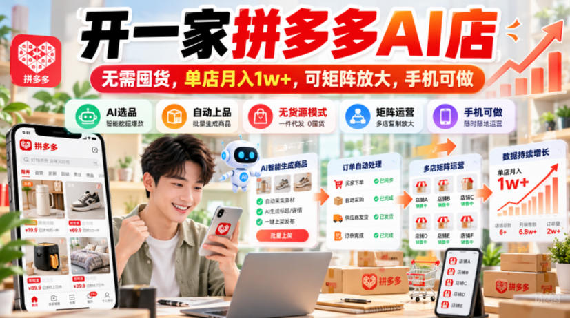 开一家拼多多AI店，无需囤货，单店月入1w+，可矩阵放大，手机可做【揭秘】-91副业网