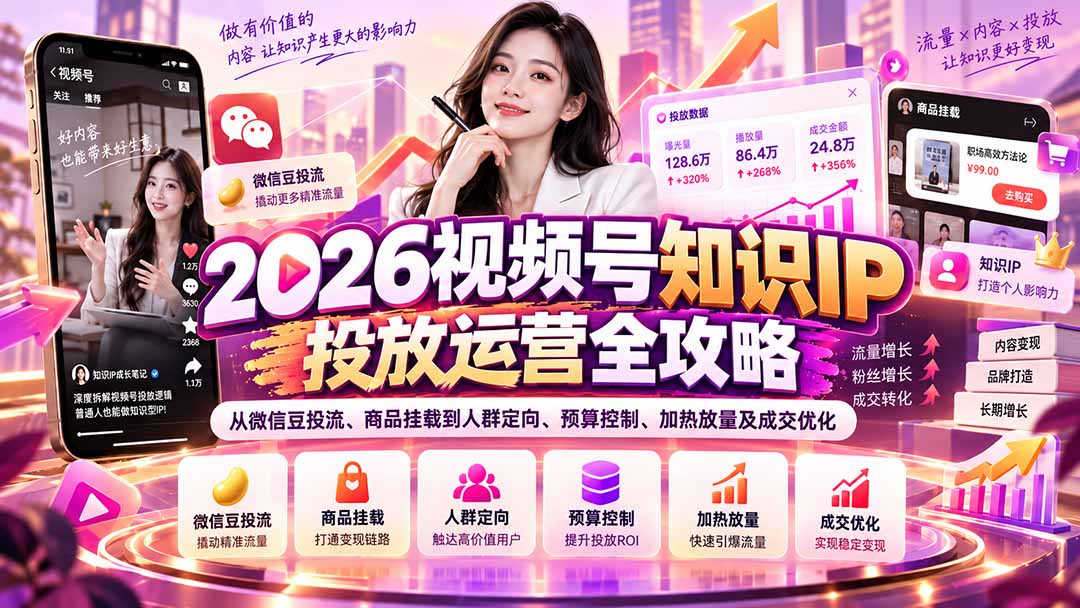 2026视频号知识IP投放运营全攻略：从微信豆投流、商品挂载到人群定向、预算控制、加热放量及成交优化-91副业网
