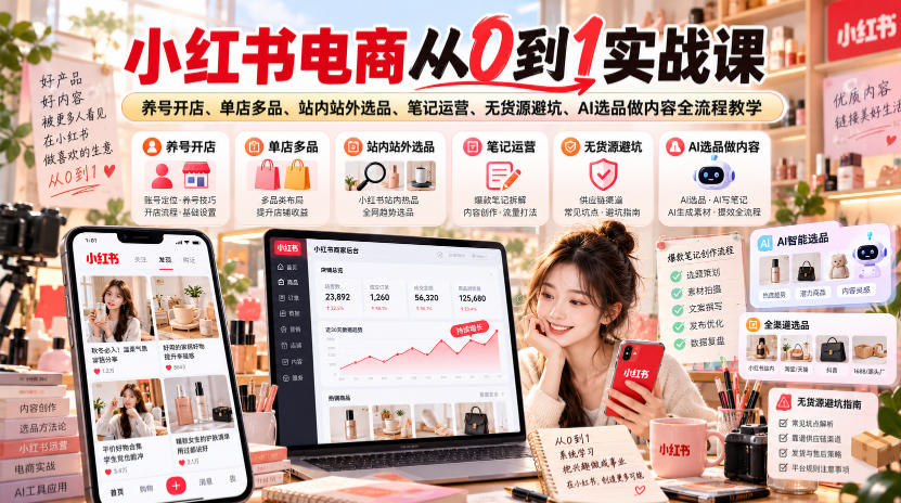 小红书电商从0到1实战课｜养号开店、单店多品、站内站外选品、笔记运营、无货源避坑、AI选品做内容全流程教学-91副业网