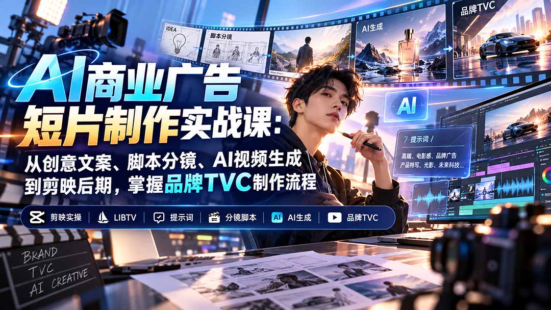 AI商业广告短片制作实战课：从创意文案、脚本分镜、AI视频生成到剪映后期，掌握品牌TVC制作流程-91副业网