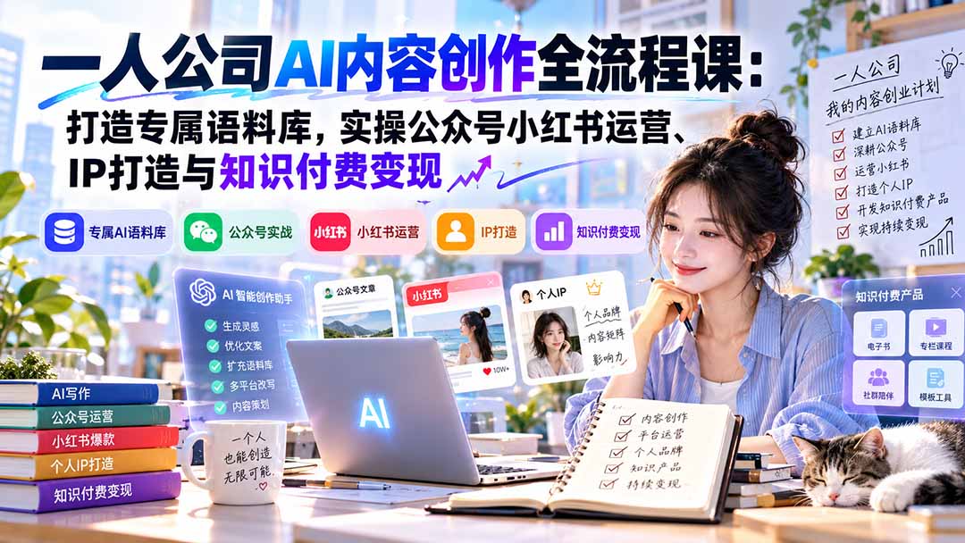 一人公司AI内容创作全流程课:打造专属语料库,实操公众号小红书运营、IP打造与知识付费变现方法论-91副业网