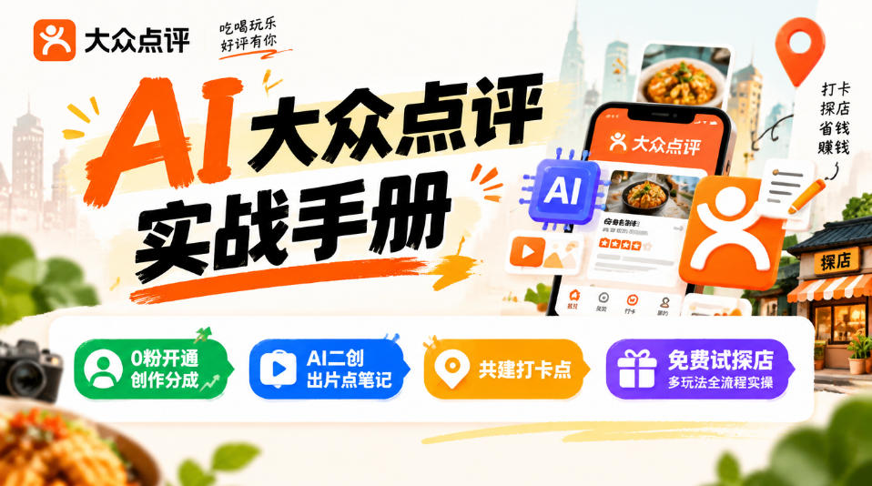某局的AI大众点评实战手册，0粉开通创作分成、AI二创出片点笔记、共建打卡点、免费试探店多玩法全流程实操-91副业网