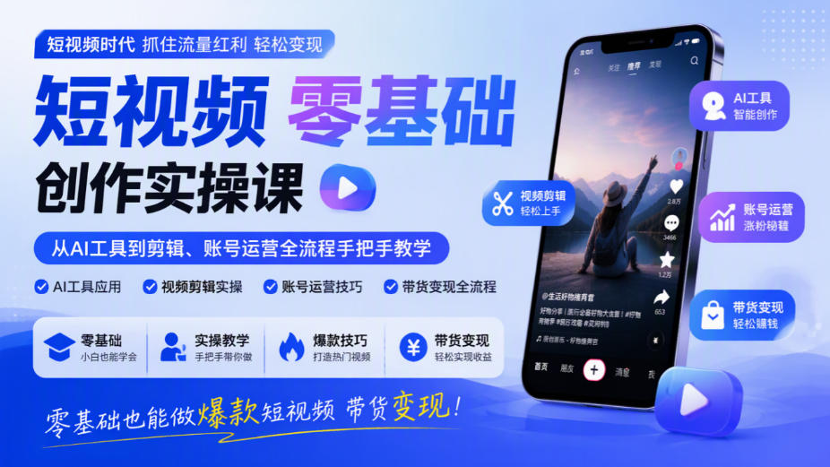 短视频零基础创作实操课，从AI工具到剪辑、账号运营全流程手把手教学，零基础也能做爆款短视频带货变现-91副业网