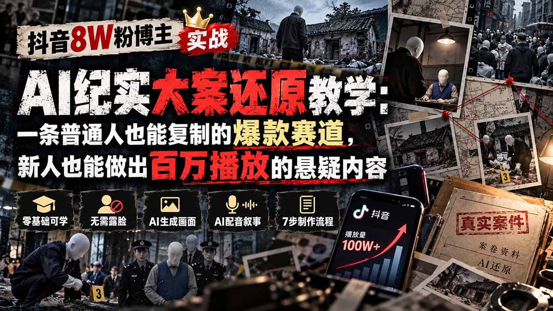 抖音8W粉博主AI纪实大案还原教学:一条普通人也能复制的爆款赛道,新人也能做出百万播放的悬疑内容-91副业网