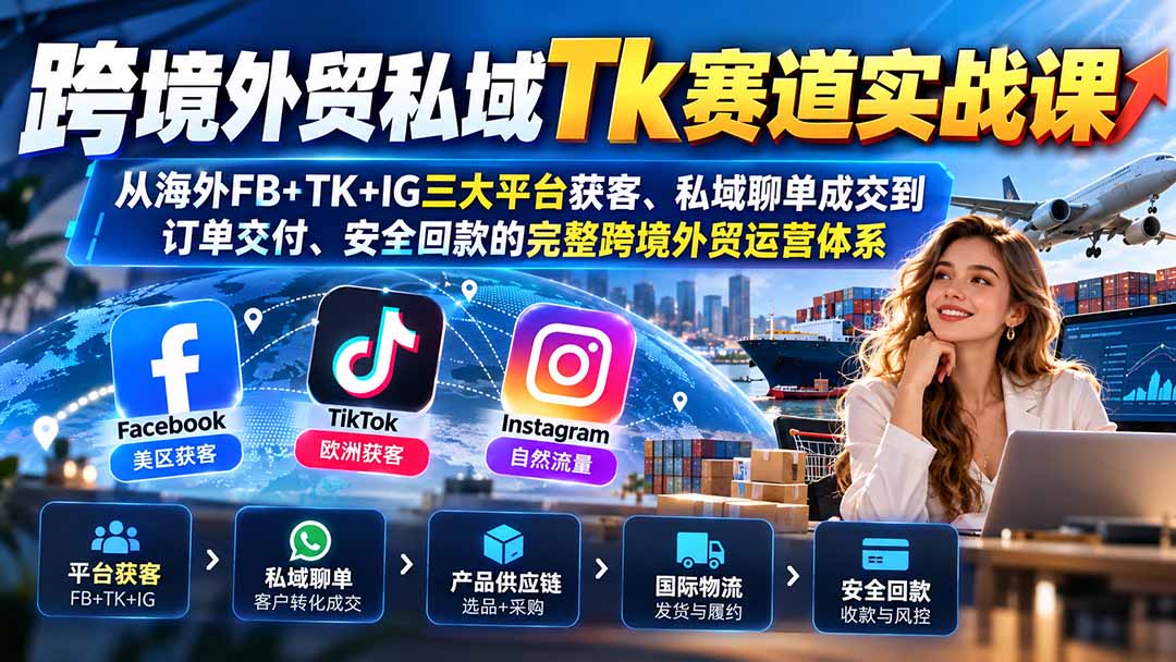 跨境外贸私域Tk赛道实战课：从海外FB+TK+IG三大平台获客、私域聊单成交到订单交付、安全回款的完整跨境外贸运营体系-91副业网
