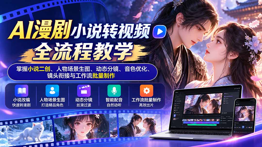 AI漫剧小说转视频全流程教学：掌握小说二创、人物场景生图、动态分镜、音色优化、镜头衔接与工作流批量制作-91副业网