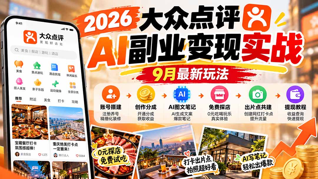 2026大众点评AI副业变现实战9月最新玩法:账号搭建+创作分成+AI图文笔记+免费探店+出片点共建与提现教程-91副业网