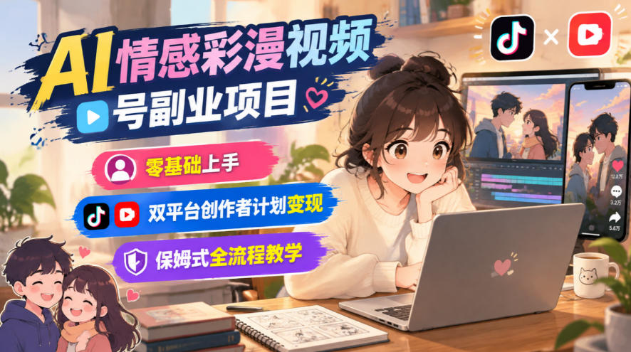 AI情感彩漫视频号副业项目，零基础上手，双平台创作者计划变现，保姆式全流程教学-91副业网