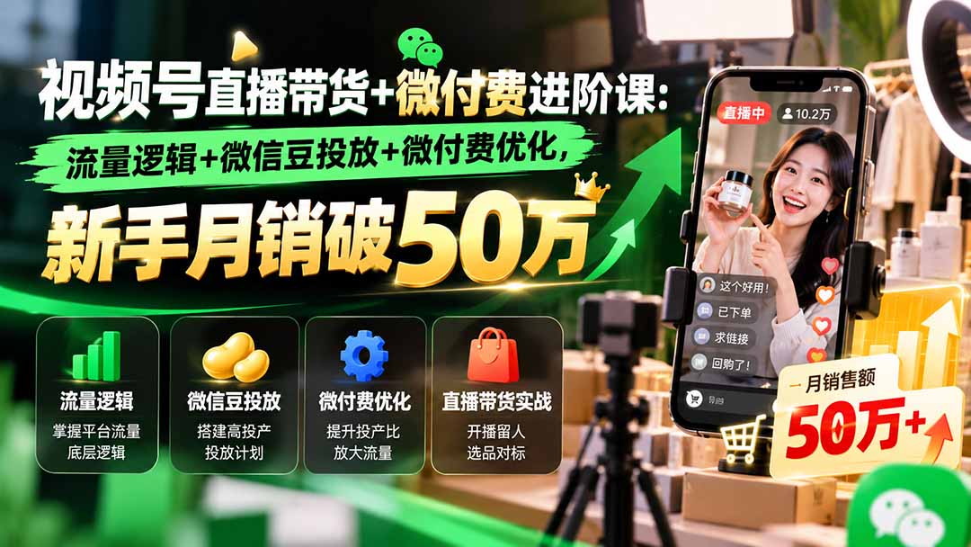 视频号直播带货+微付费进阶课-更新1010：流量逻辑+微信豆投放+微付费优化，新手月销破50万-91副业网