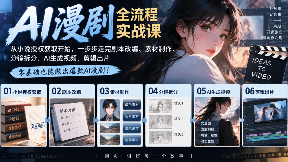 AI漫剧全流程实战课｜从小说授权获取开始，一步步走完剧本改编、素材制作、分镜拆分、AI生成视频、剪辑出片全流程-91副业网