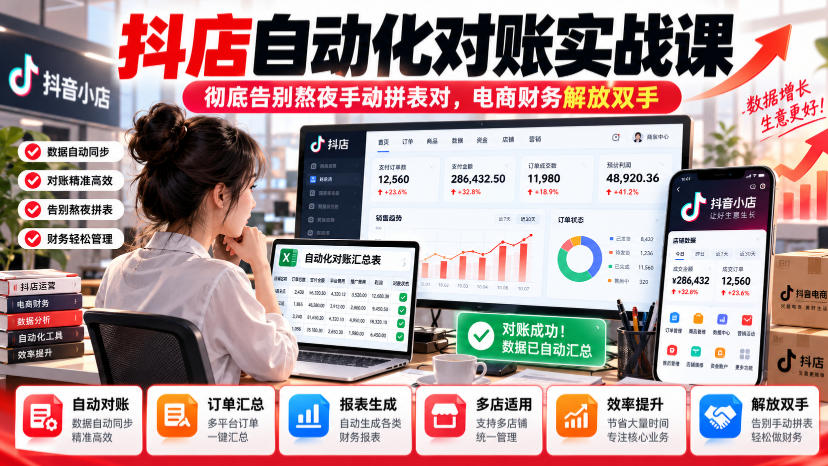 抖店自动化对账实战课，彻底告别熬夜手动拼表对，账电商财务解放双手-91副业网
