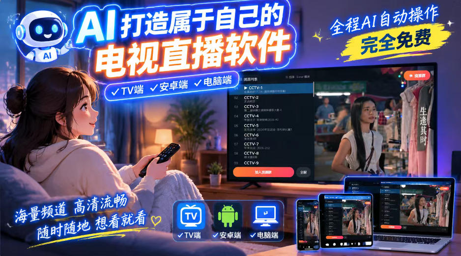 一个提示词，AI全自动做出电视直播软件，电脑、安卓、电视三端通用，完全免费，画质流畅不卡顿-91副业网