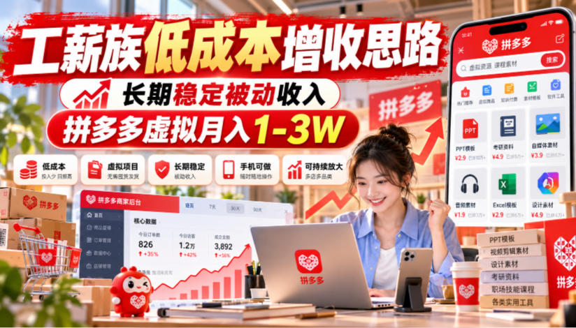 工薪族低成本增收思路,长期稳定被动收入,拼多多虚拟月入1-3W-91副业网