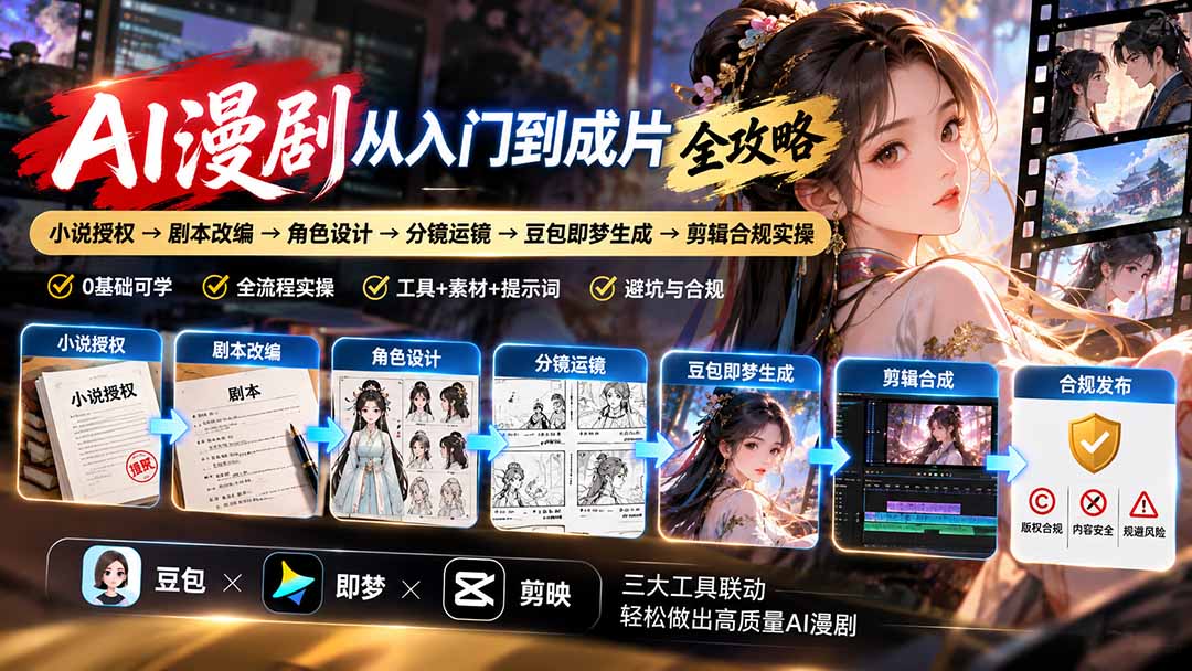 AI漫剧从入门到成片全攻略：小说授权→剧本改编→角色设计→分镜运镜→豆包即梦生成→剪辑合规实操-91副业网